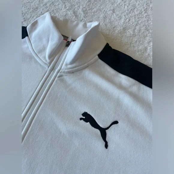NWT Puma Mens Casual Full Zip Up Mock Neck Sweatshirt, White w/Black Logo, Sz XL - Picture 3 of 4